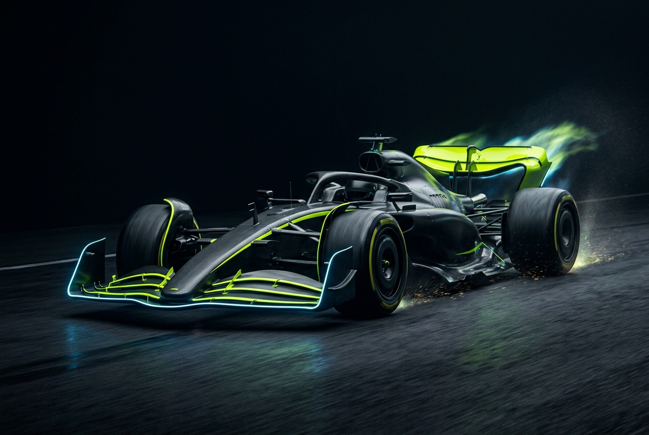 A next-generation 2026 Formula 1 car with active aerodynamics and lime energy glow