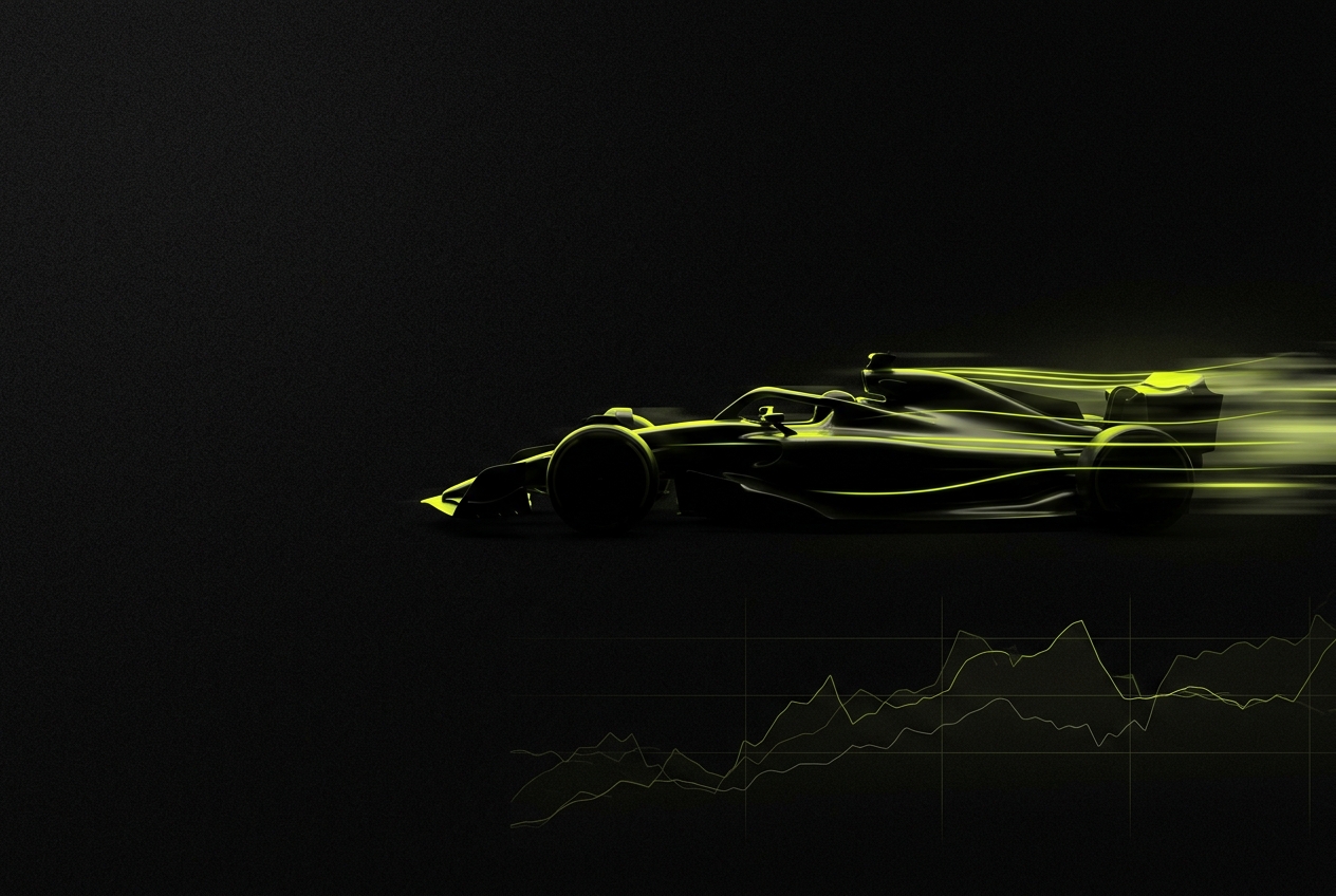 Stylised F1 26 car with lime speed trails and a telemetry line graph