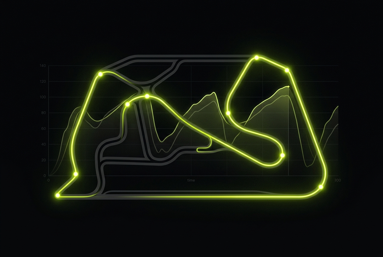 A glowing racing line on a dark circuit map with braking and apex points marked in lime